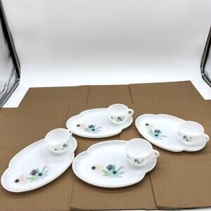 Vtg Federal Milk Glass Atomic Flower Patio Snack Set Plates Tea Cups 8pc MCM 50s
